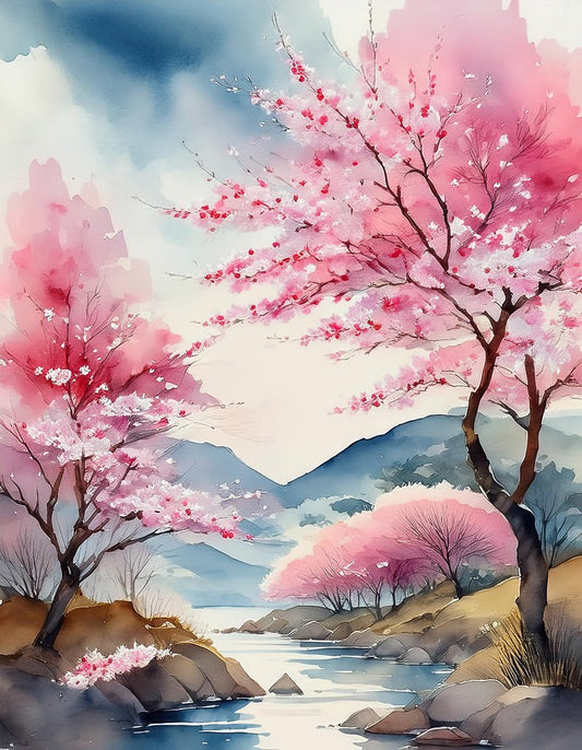 FN Prints' "River Of The Cherry Blossoms" is a serene watercolor painting that depicts a tranquil Japanese landscape with a river flowing through rocky banks. The scene is adorned with blooming cherry blossom trees showcasing vibrant pink flowers, and in the distance, soft hills rise against a sky filled with gentle, wispy clouds. This artwork is perfect as tranquil home decor.