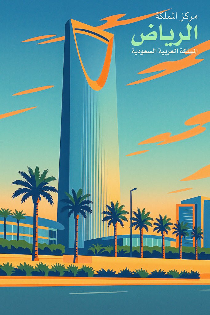 Illustrated poster of Riyadh skyline with Kingdom Centre Tower, palm trees, and Arabic city name at sunset.