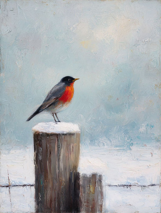 Painting of a robin perched on a snowy post against a light blue background