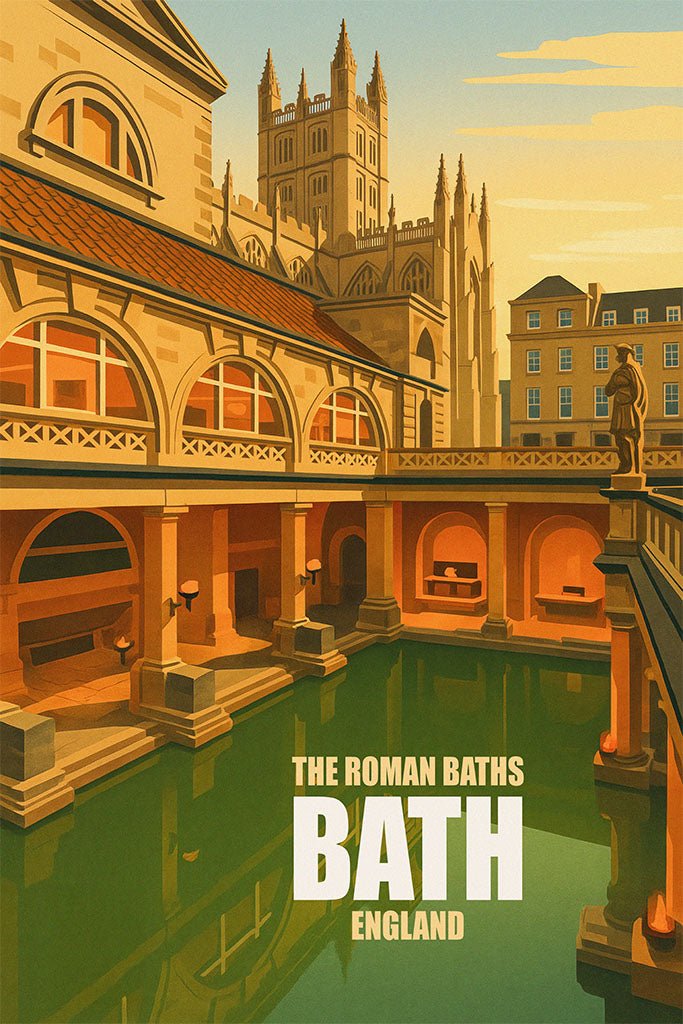 Illustration of The Roman Baths in Bath, England with classical architecture and pool.