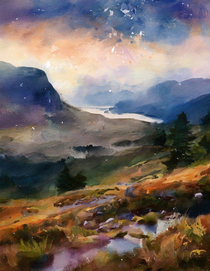 A watercolor painting from FN Prints' "Rugged Highlands" collection captures the serene natural beauty of a mountain landscape at twilight, with rolling hills adorned in green and orange foliage. A distant lake mirrors the soft, pastel hues of the sky as it transitions from warm tones near the horizon to cooler blues above, evoking imagery reminiscent of the Scottish Highlands.