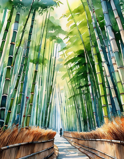 A person strolls along the narrow pathway in FN Prints' Sagano Bamboo Forest, surrounded by towering bamboo trees that stretch toward the sky. The path is bordered with wooden railings, and the scene is vibrant with lush green foliage and dappled sunlight filtering through the leaves, creating a serene atmosphere.