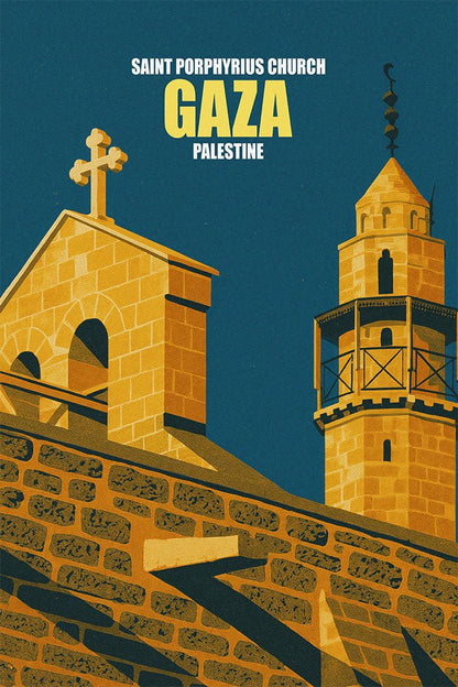 Vintage travel poster of Saint Porphyrius Church in Gaza City, Palestine, showing stone roof with cross and nearby minaret against a deep blue sky.