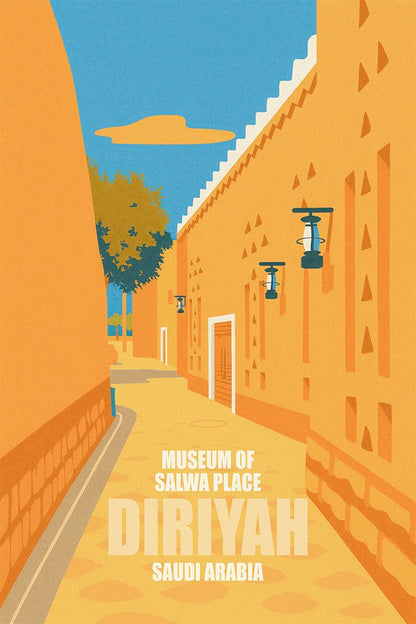 Illustration of a street scene with buildings and text for the Museum of Diriyah in Saudi Arabia.