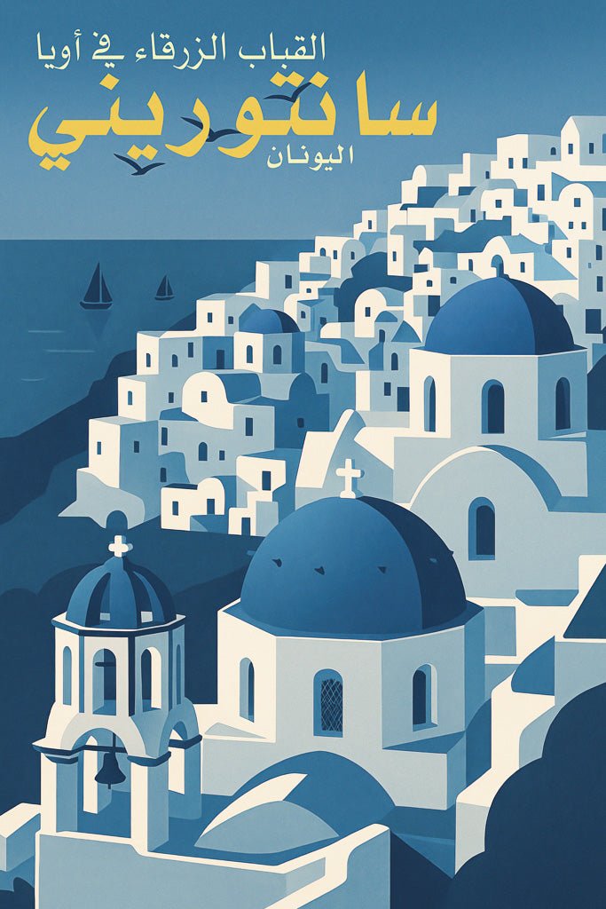 Illustration of Santorini’s Oia with blue-domed churches, white buildings, and sea in the background.