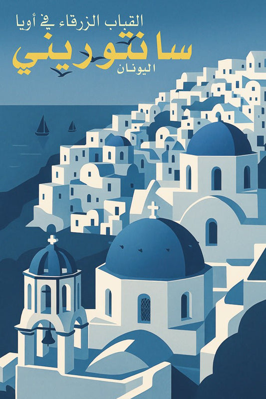 Illustration of Santorini’s Oia with blue-domed churches, white buildings, and sea in the background.