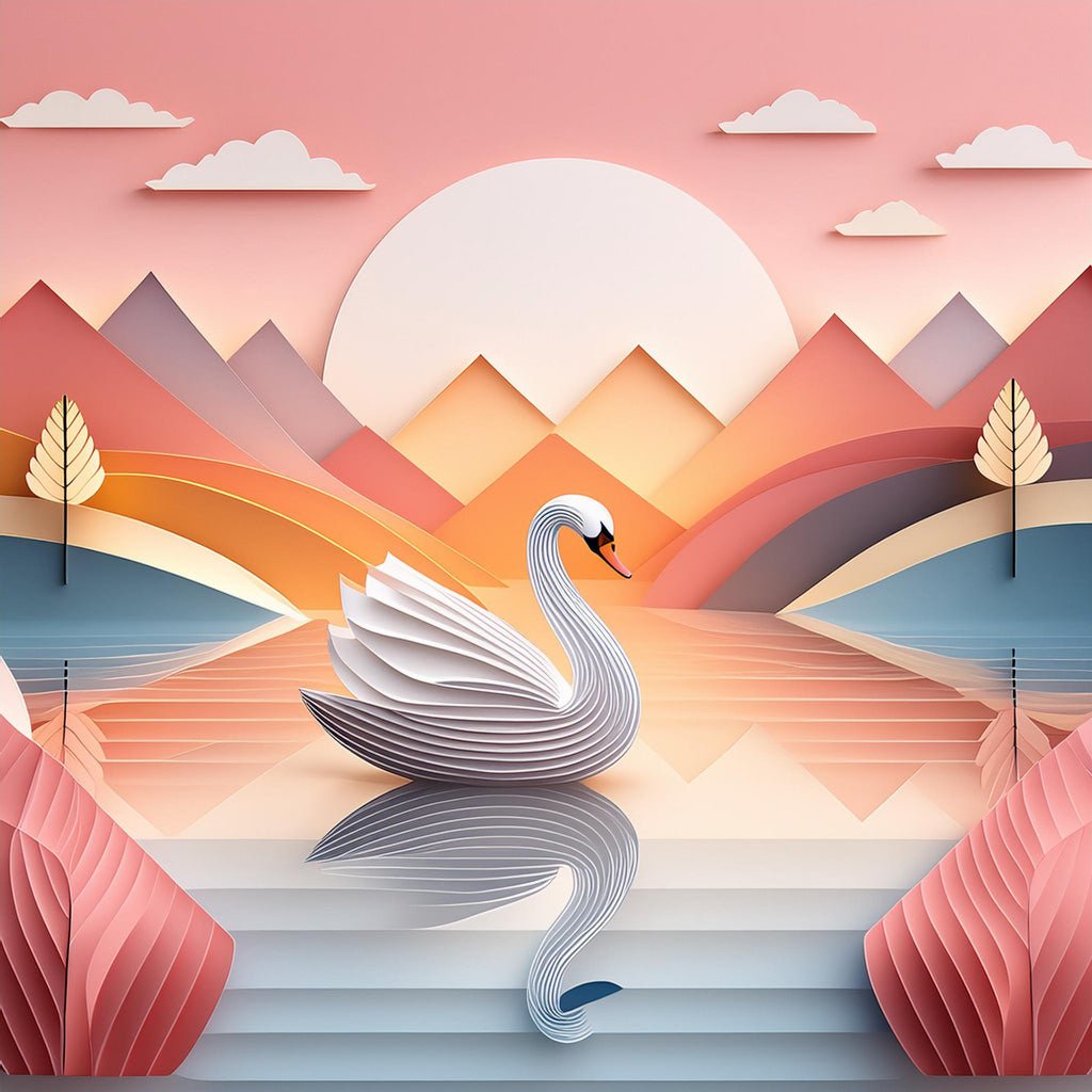 A serene digital artwork titled "Saoirse The Swan" by FN Prints features a white swan gliding on a reflective lake. Geometric mountains and abstract clouds form the background, with a sunrise creating a warm gradient sky. Colorful geometric trees enhance the tranquil atmosphere.