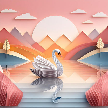 A serene digital artwork titled "Saoirse The Swan" by FN Prints features a white swan gliding on a reflective lake. Geometric mountains and abstract clouds form the background, with a sunrise creating a warm gradient sky. Colorful geometric trees enhance the tranquil atmosphere.