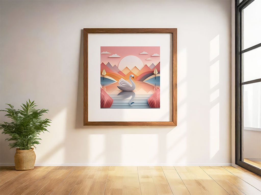 Saoirse The Swan," a framed digital artwork by FN Prints, depicting a white swan gracefully gliding on water against geometric mountains under a sunset sky, adorns the white wall. Sunlight pours through a large window, casting shadows across the room's wooden floor, while a potted plant adds a touch of greenery.