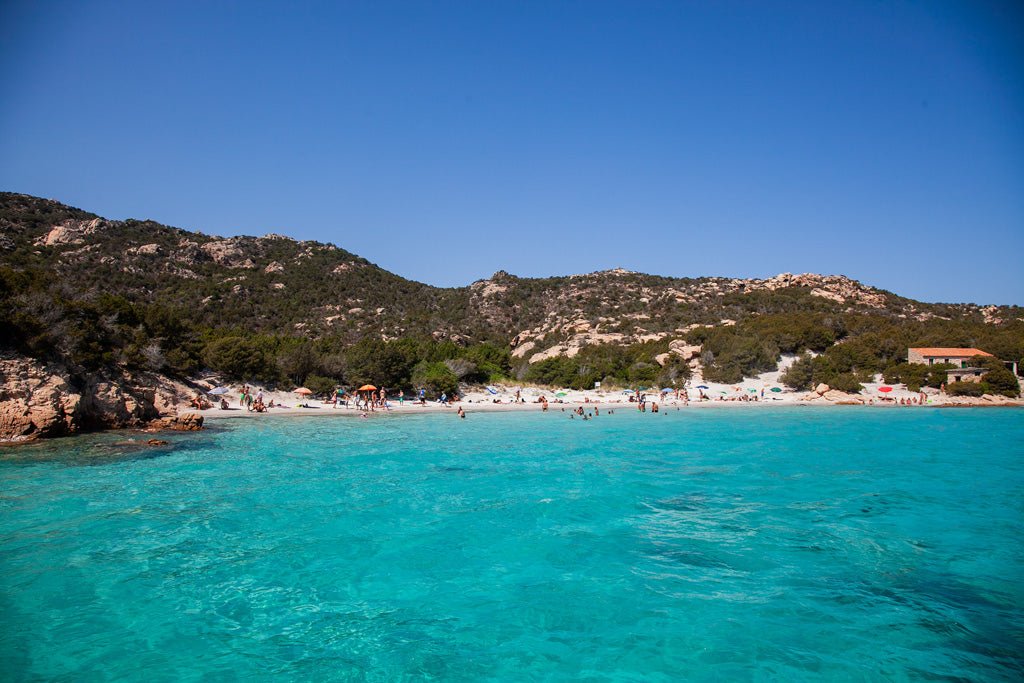 Turquoise waters meet a sandy beach surrounded by lush vegetation and rocky hills under a bright blue sky. People are swimming, sunbathing, and relaxing along the shoreline, capturing the coastal splendor showcased in FN Prints' "Sardinian Coast: Part III," beautifully bathed in Mediterranean sun.