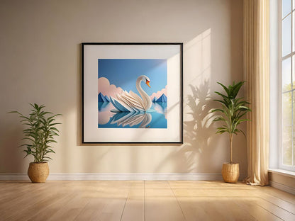 The artwork titled "Satya The Swan" by FN Prints, depicting a digital origami swan on a calm lake, is framed and centered on a beige wall. Sunlight filters through sheer curtains over a large window to the right. Two potted plants rest on either side of the artwork on the wooden floor, completing this serene nursery setting.