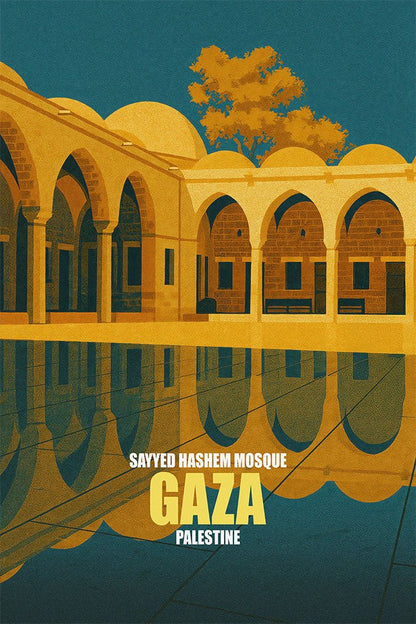 Vintage travel poster of Sayyed Hashem Mosque in Gaza, Palestine, showing arched courtyard and calm reflective pool at dusk.