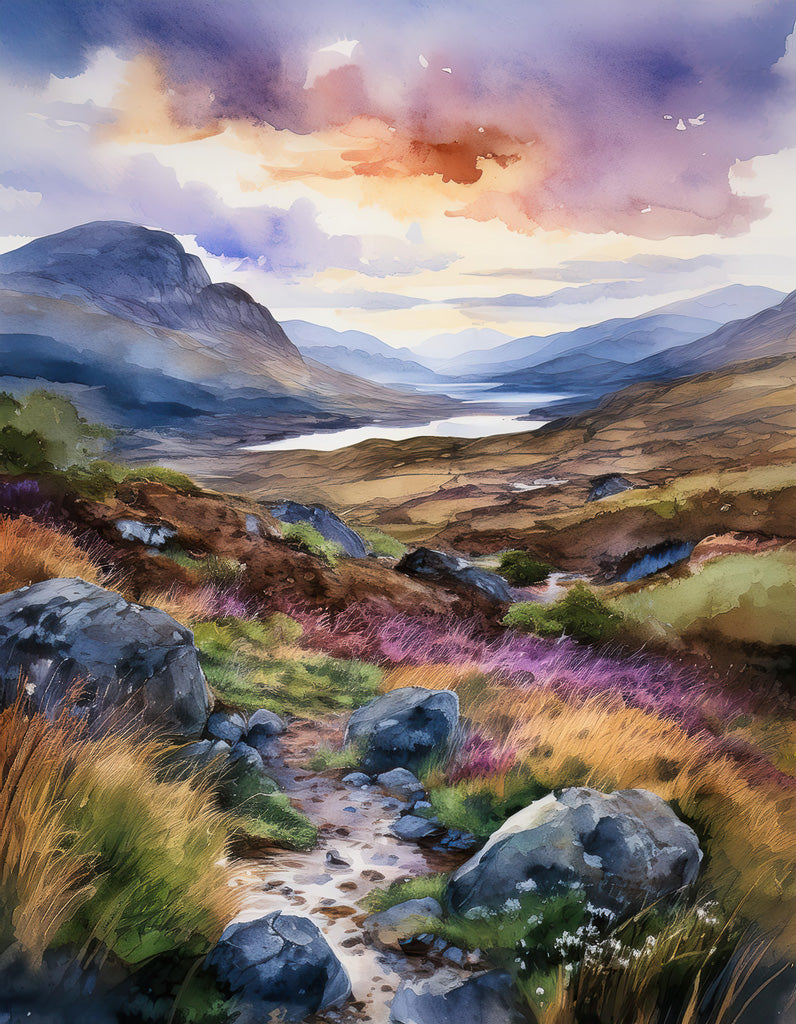 The vibrant "Rugged Highlands" watercolor painting by FN Prints captures the rugged charm and natural majesty of the Scottish Highlands. It beautifully illustrates rolling hills and mountains beneath a dramatic sky, with a winding path bordered by rocks, grass, and purple heather leading to a distant lake. Shades of orange, pink, and purple illuminate the sunset sky in this stunning depiction.