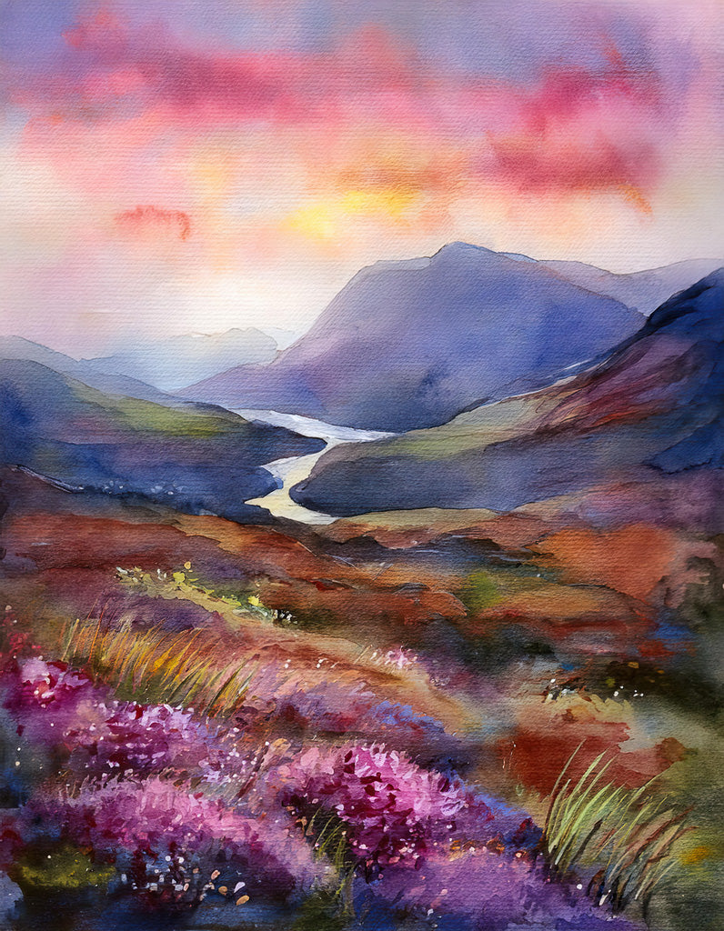 The Highland Sunset, a vibrant watercolor painting by FN Prints, beautifully captures the serene natural beauty of a mountain landscape at sunset in the Scottish Highlands. The sky is painted with pink and purple hues, while a winding river meanders through lush valleys and colorful foreground foliage, creating a peaceful and majestic scene.