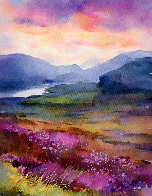 Introducing the "Rosebay Willowherb Highlands" by FN Prints: a vibrant watercolor painting capturing a serene mountain landscape at sunset. The sky is an enchanting blend of pink, orange, and purple hues, while rolling hills in various shades of green and blue recede into the distance. In the foreground, fields of purple Rosebay Willowherb wildflowers add to the picturesque beauty.