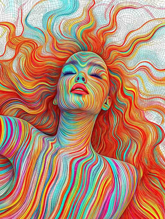 Introducing Sedimentary Dreams by FN Prints: a vibrant and colorful digital artwork of a person's face with eyes closed and head tilted back. The skin and hair are portrayed with swirling psychedelic rainbow stripes, capturing a sense of fluidity and motion that embodies abstract aesthetics.