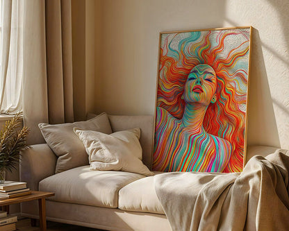 The painting "Sedimentary Dreams" by FN Prints, showcasing psychedelic rainbow stripes, elegantly flows across a person's hair and is set against the beige walls of a cozy living room. This digital artwork is displayed on a light-colored sofa adorned with cushions, next to a stack of books and a potted plant near a window.