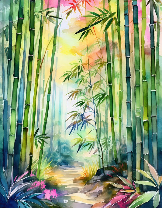 FN Prints' "Serene Japanese Bamboo Landscape" is a vibrant watercolor painting that illustrates tall, green bamboo stalks reaching towards a sky softly painted with hues of pink, yellow, and blue. The forest floor is carpeted with lush undergrowth, including colorful flowers and foliage, along a meandering path that embodies the peaceful beauty of nature.