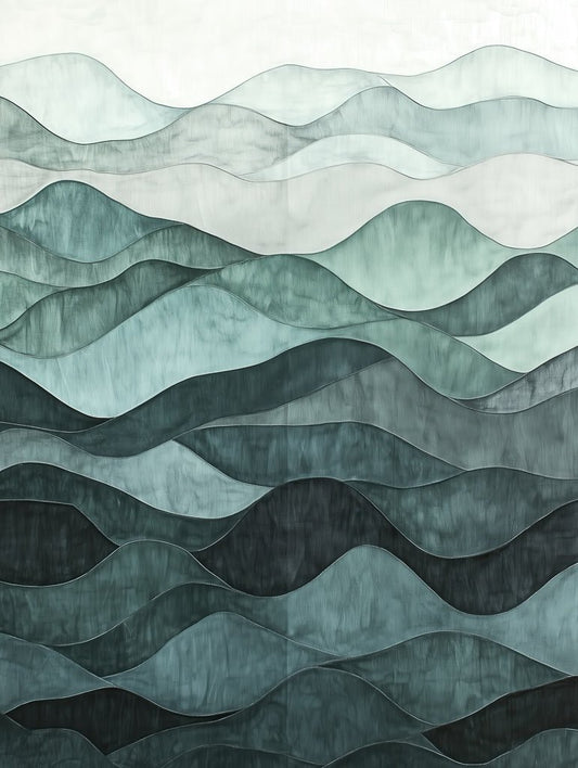 Abstract watercolor art depicting soft, flowing ocean waves in shades of teal, gray, and green, creating a peaceful and serene atmosphere.