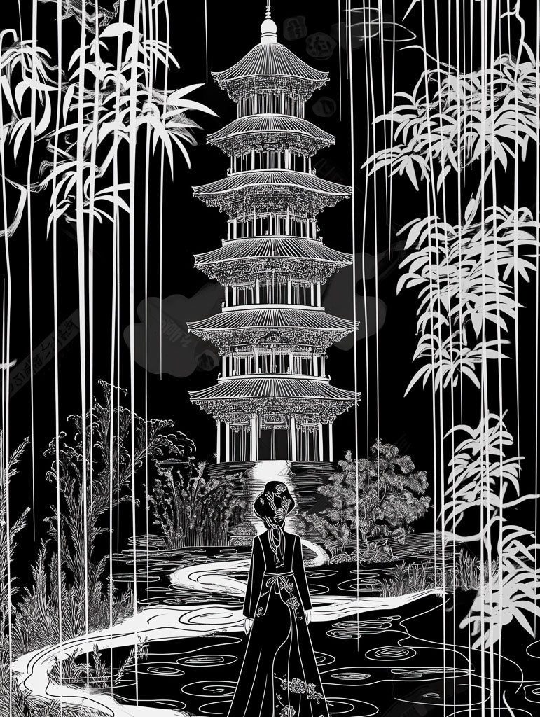 Serenity in Ink – Japanese Pagoda Art Print