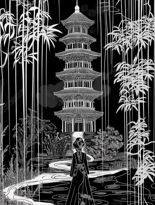 Serenity in Ink – Japanese Pagoda Art Print