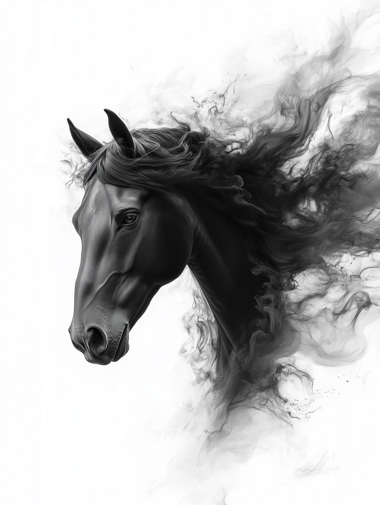 Black horse portrait with smoky mane blending into white background in a modern abstract style.