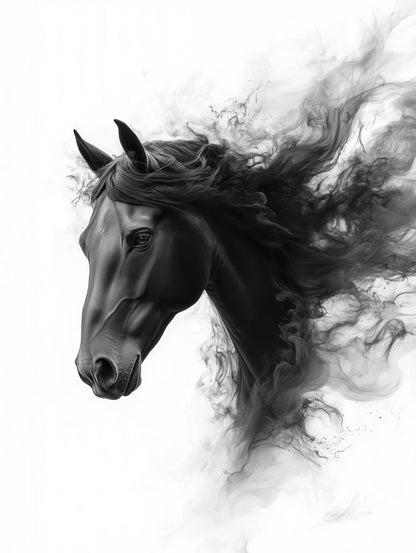 Black horse portrait with smoky mane blending into white background in a modern abstract style.