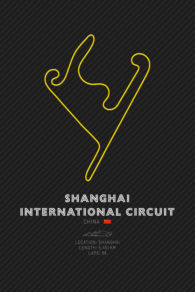 Minimalist art print of the Shanghai International Circuit, showcasing the track layout in bright yellow on a black background, capturing the essence of Formula 1 racing.