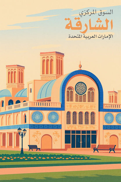Retro-style art print of Sharjah Central Souq (السوق المركزي الشارقة) in the UAE, featuring Islamic architecture, blue tile details, and wind towers.