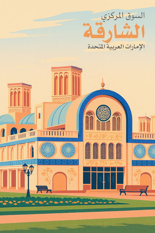 Retro-style art print of Sharjah Central Souq (السوق المركزي الشارقة) in the UAE, featuring Islamic architecture, blue tile details, and wind towers.