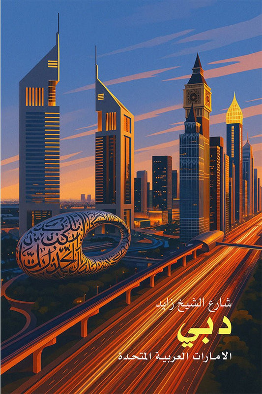 Illustration of Dubai's skyline with modern skyscrapers and a highway.