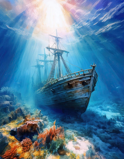 The "Shipwreck" by FN Prints depicts a sunken wooden vessel resting on the ocean floor, with sunlight filtering through the water from above. Surrounding this underwater discovery, vivid marine life including colorful corals and fish create a vibrant deep-sea scene.