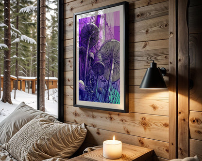 A framed Shrooms Scene by FN Prints, featuring big purple mushrooms, is on a cabin wall. A lit candle sits below it on a shelf, while outside the window, a snowy forest with swaying evergreen trees can be seen.