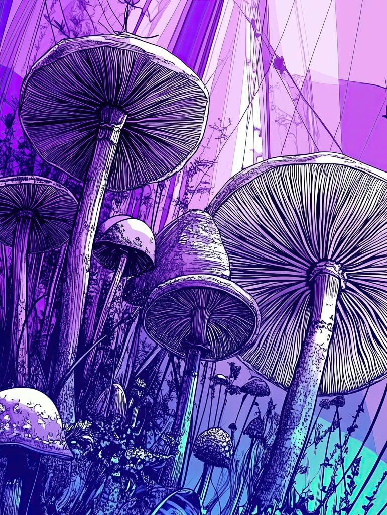 Shrooms Scene" by FN Prints depicts detailed large mushrooms with visible gills and stems, surrounded by smaller mushrooms amid abstract plants. The psychedelic landscape features a vibrant purple and blue geometric background, creating captivating digital artwork.