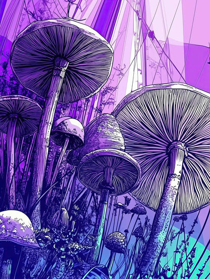 Shrooms Scene" by FN Prints depicts detailed large mushrooms with visible gills and stems, surrounded by smaller mushrooms amid abstract plants. The psychedelic landscape features a vibrant purple and blue geometric background, creating captivating digital artwork.