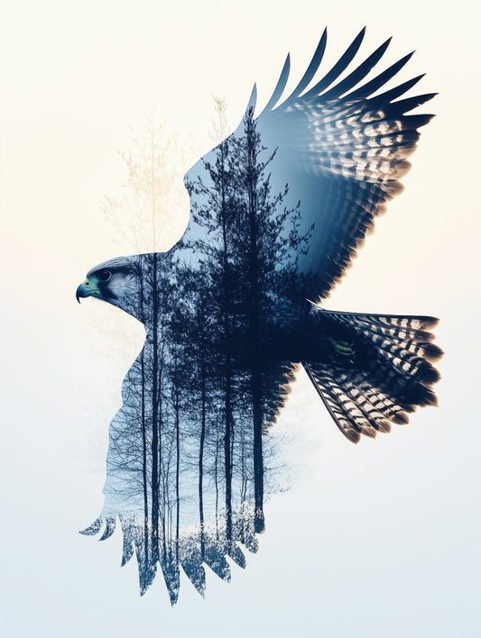 Double exposure wall art of a falcon in flight blended with forest trees. Soft, abstract nature-themed modern artwork.