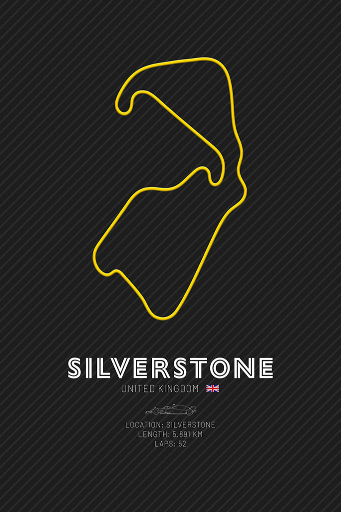 Minimalist art print of the Silverstone Circuit in yellow, featuring the F1 track layout against a dark background, representing the essence of British motorsport.