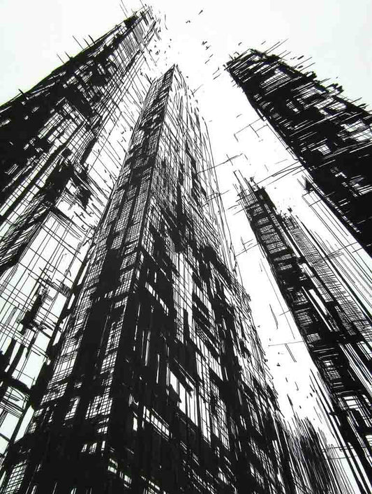 Product by FN Prints: "Skyline Symphony" showcases an abstract depiction of skyscrapers from a ground-up perspective. The intricate black and white linework emphasizes a sense of towering height and urban architecture against a stark white backdrop.