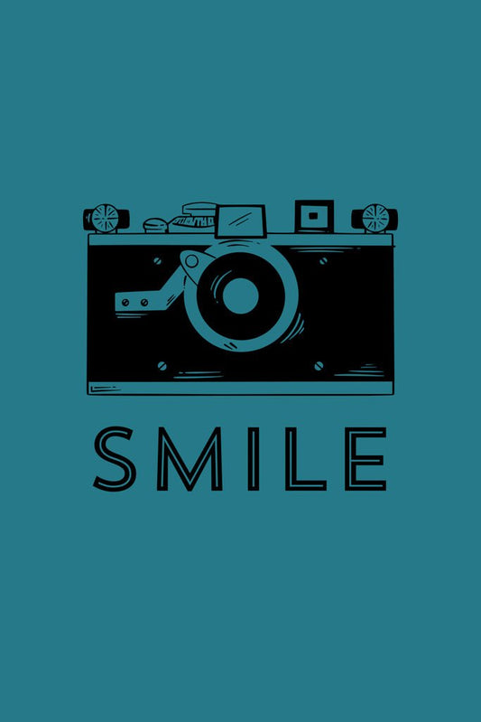 Illustration of a vintage camera in black outline on a vibrant teal background, featuring the product "Smile" by FN Prints, with the word "SMILE" boldly written below in striking black letters.