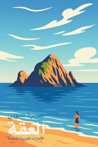 Illustration of Snoopy Island (جزيرة سنوبي) in Al Aqah, Fujairah, with a woman walking along the beach and calm blue waters under a vibrant sky.