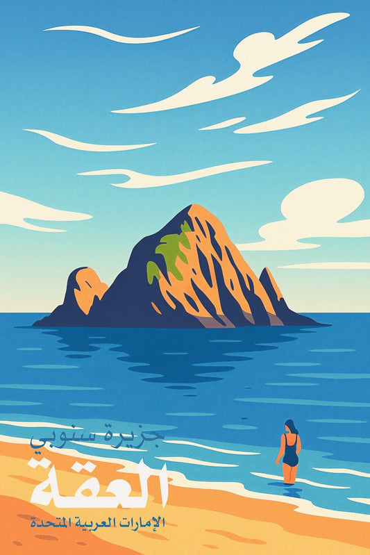 Illustration of Snoopy Island (جزيرة سنوبي) in Al Aqah, Fujairah, with a woman walking along the beach and calm blue waters under a vibrant sky.