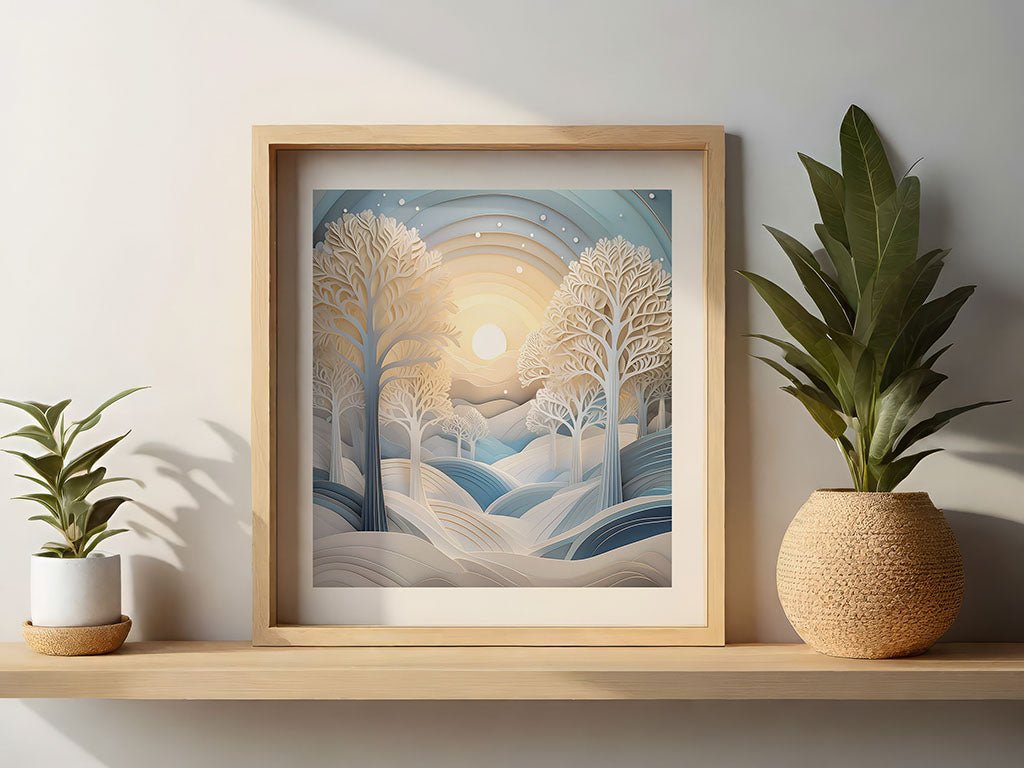 The "Snowy Sunset" digital art by FN Prints, displayed on a shelf, showcases a tranquil winter scene with stylized trees and a softly colored sun. Two potted plants are positioned on either side of the artwork, resting on a light-colored wooden shelf against a beige wall, creating an elegant yet cozy atmosphere.