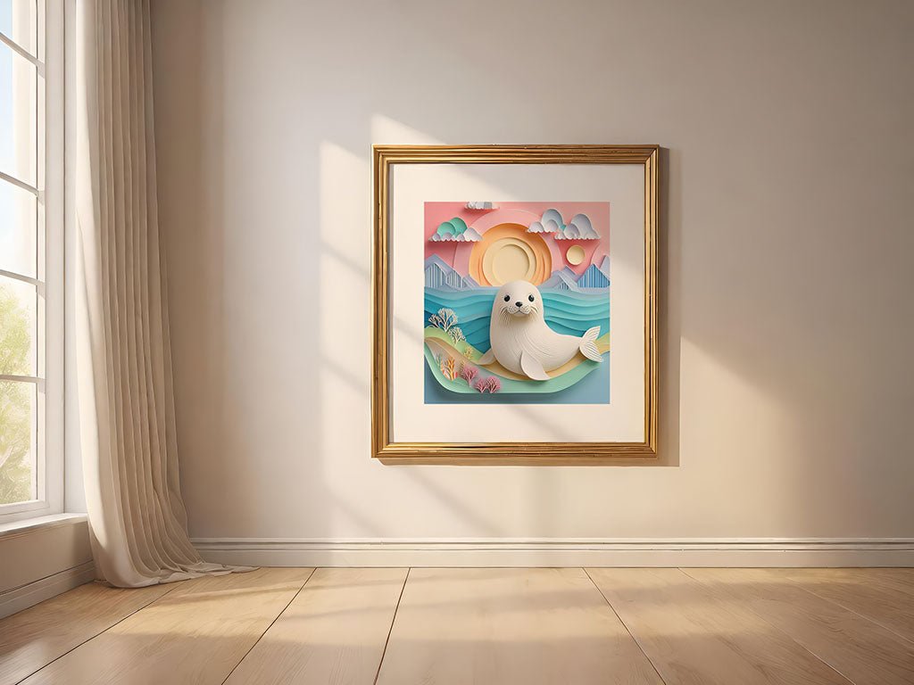 A framed digital art piece by FN Prints, titled *Sofia The Seal*, is displayed on a wall. It features a white seal amid a whimsical pastel seascape with rolling waves, mountains, and a sunset. Sunlight pours through a nearby window, creating soft shadows on the wooden floor and cream-colored walls.