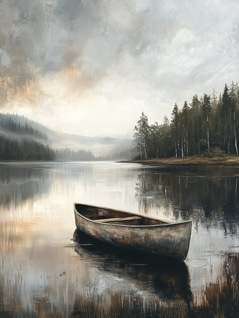 A weathered canoe floats on a calm misty lake surrounded by pine trees and mountains under a moody sky.
