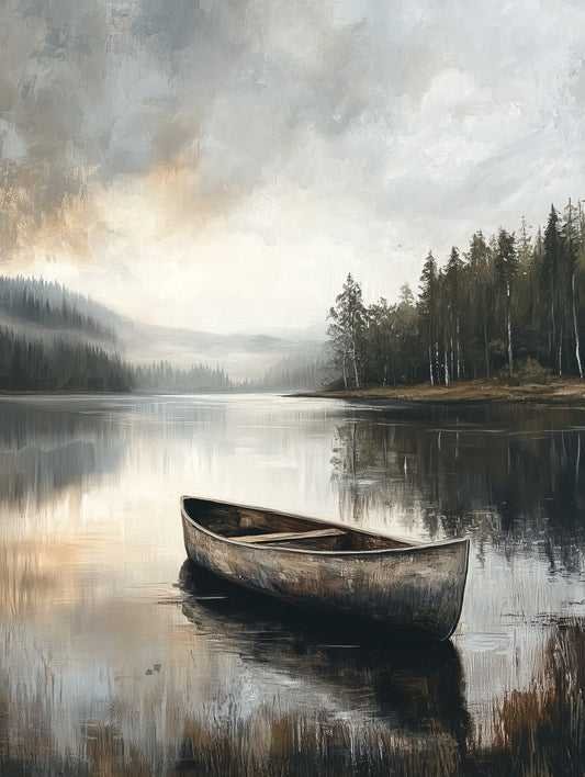 A weathered canoe floats on a calm misty lake surrounded by pine trees and mountains under a moody sky.