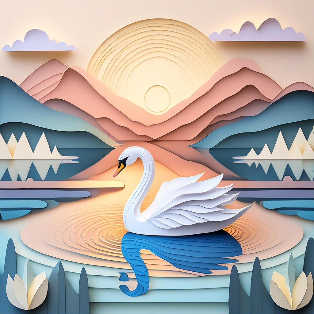 The "Sora The Swan" digital artwork by FN Prints offers a tranquil scene perfect for a children’s room, depicting a graceful white swan gliding on a serene lake with pastel-colored mountains and a setting sun in the background. This charming landscape is brought to life with layered paper-cut-like elements, adding both depth and whimsy.