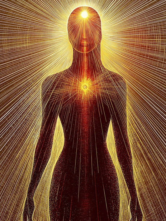 Soul's Radiant Flow by FN Prints features a digital artwork depicting a silhouette of a person emitting golden light. A luminous orb is positioned at the head and another at the chest, symbolizing enlightenment and energy flow. The piece utilizes spiritual symbolism to project rays of ethereal energy, creating a vibrant and radiant effect.