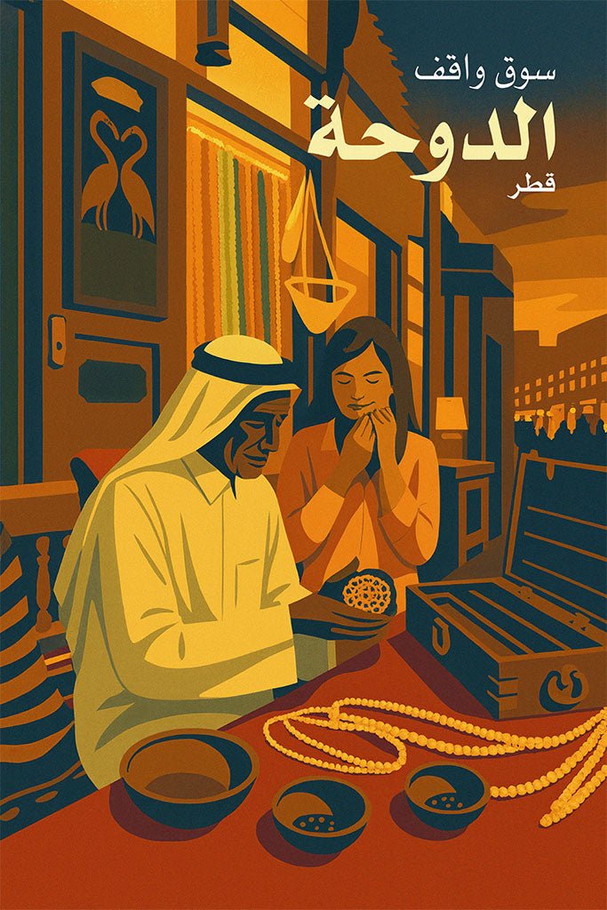 Illustration of two people at a market stall in Doha, Qatar with text 'SOUQ WAQIF DOHA QATAR'.