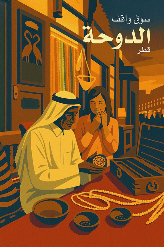 Illustration of two people at a market stall in Doha, Qatar with text 'SOUQ WAQIF DOHA QATAR'.