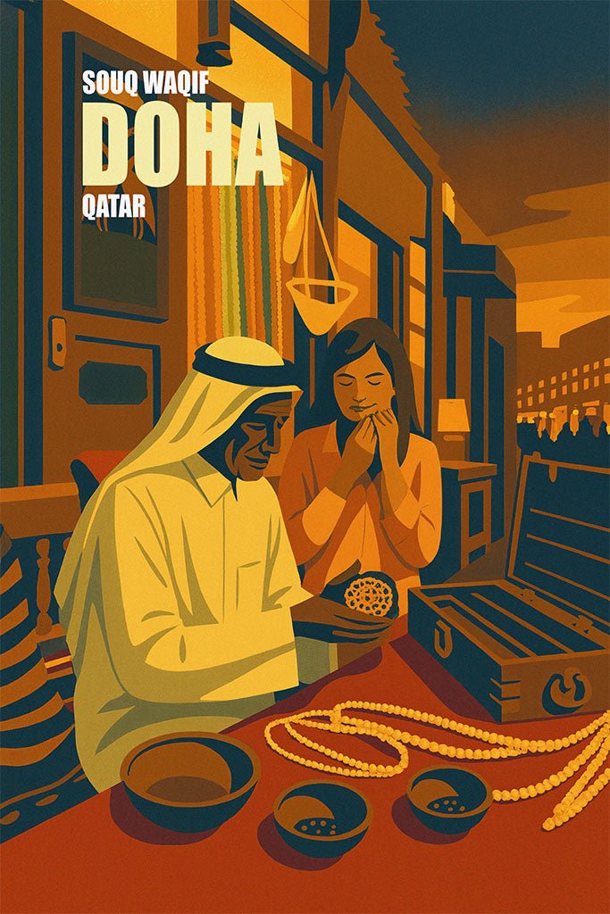 Illustration of two people at a market stall in Doha, Qatar with text 'SOUQ WAQIF DOHA QATAR'.